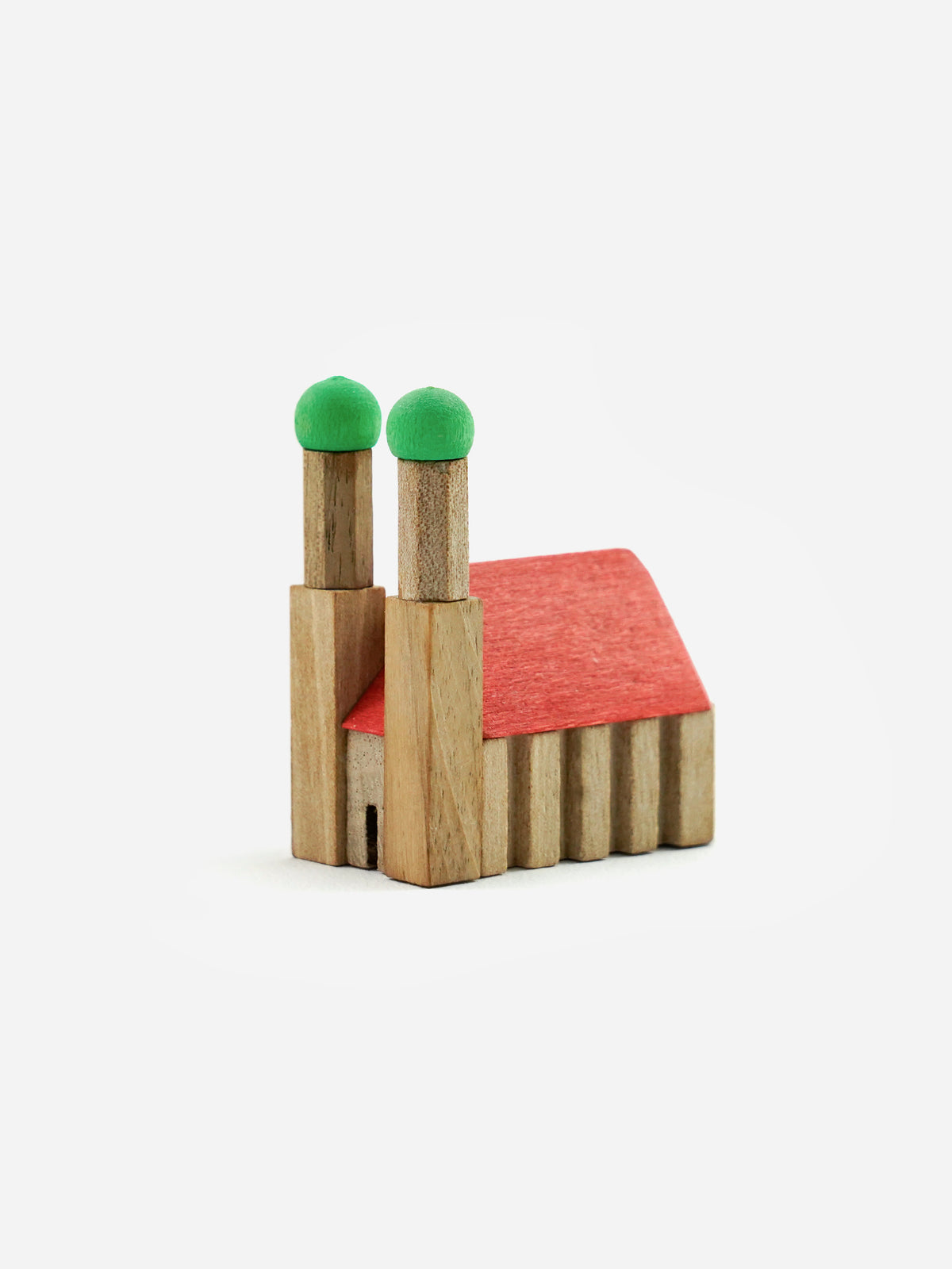 Frauenkirche München als Miniatur-Holzbausatz mit rotem Dach und zwei Türmen mit grünen Hauben