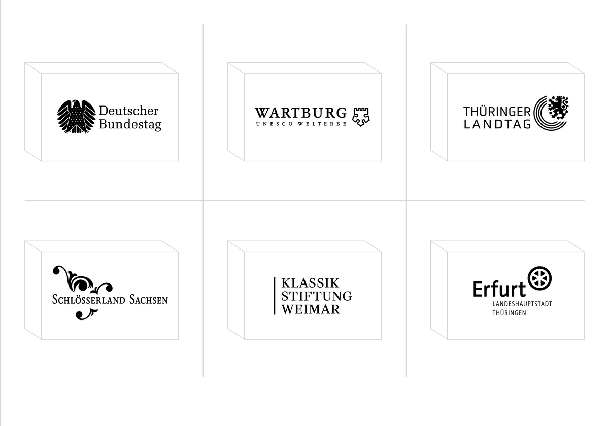 Logos von Auftraggebern: Deutscher Bundestag, Wartburg, Thüringer Landtag, Schlösserland Sachsen, Klassik Stiftung Weimar, Landeshauptstadt Erfurt