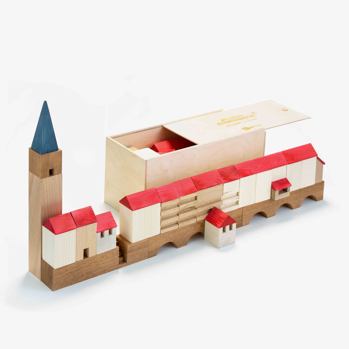 Krämerbrücke Erfurt als Holzbausatz: Ägidienkirche, Brückenbögen und Häuserzeile vor der Holzbox mit Schiebedeckel