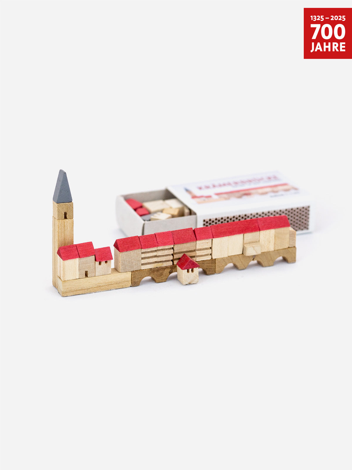 Mini-Holzbausatz Krämerbrücke Erfurt vor der Streichholzschachtel – Jubiläumsedition „700 Jahre“ (1325–2025)