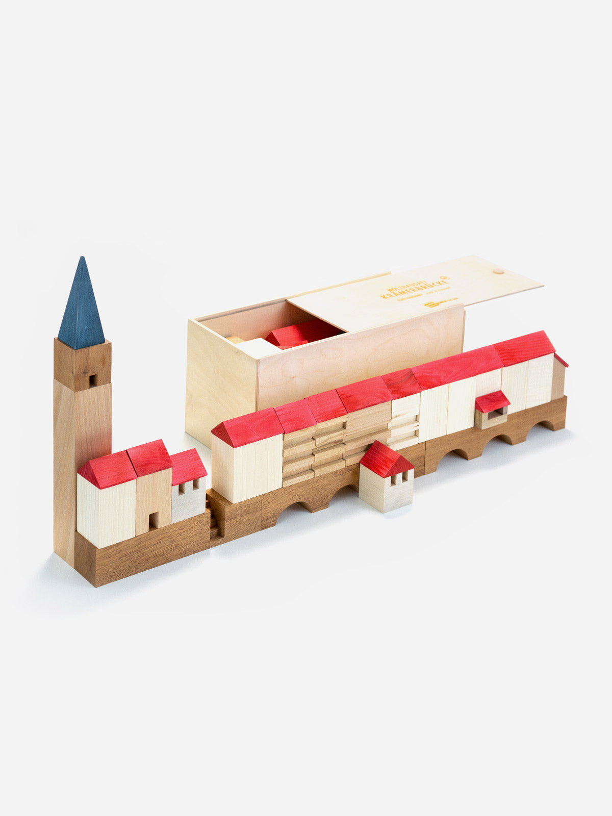 Krämerbrücke Erfurt als Holzbausatz: Ägidienkirche, Brückenbögen und Häuserzeile vor der Holzbox mit Schiebedeckel